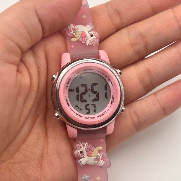 JNEW Pink Silver Unicorn Kids Fashion Digital Watch 34mm Working - Picture 6 of 8
